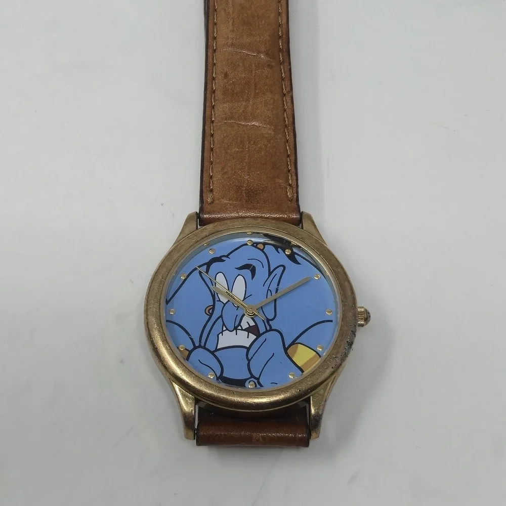 Vintage Fossil Disney Aladdin Genie Watch Gold Tone Brown Leather Strap NO BATT